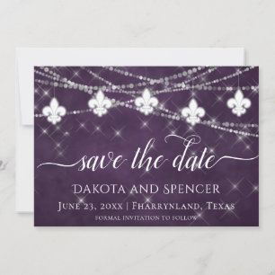 Fleur de Lis Eggplant Purple Lights Dark Wedding Save The Date