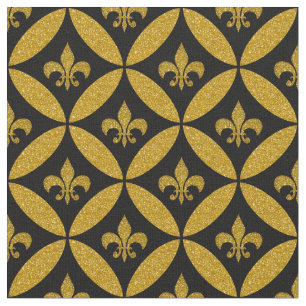 Fleur de Lis Eternity Pattern Faux Gold   Black Fabric