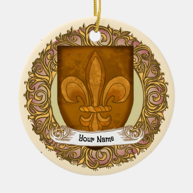 Fleur De Lis Family Crest Surname Ceramic Ornament (Front)