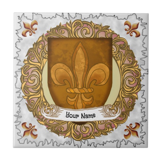 Fleur De Lis Family Crest Surname Ceramic Tile (Front)
