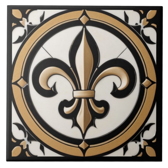 Fleur de Lis Faux Antique Black White Gold Ceramic Tile (Front)
