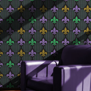 Fleur de Lis Faux Glitter Black Mardi Gras Wallpaper