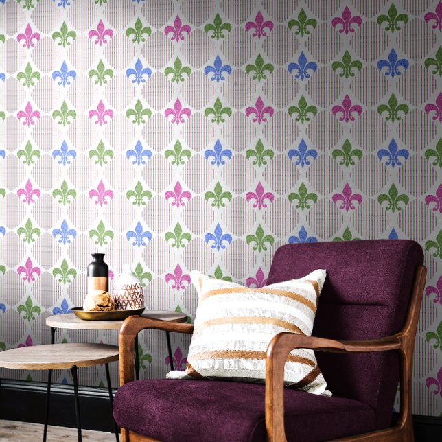 Fleur de Lis Faux Glitter | White Mardi Gras Wallpaper (Fleur de Lis Faux Glitter White Mardi Gras Pattern Wallpaper)