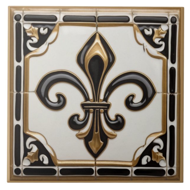 Fleur de Lis Faux Relief Black White and Gold Ceramic Tile (Front)