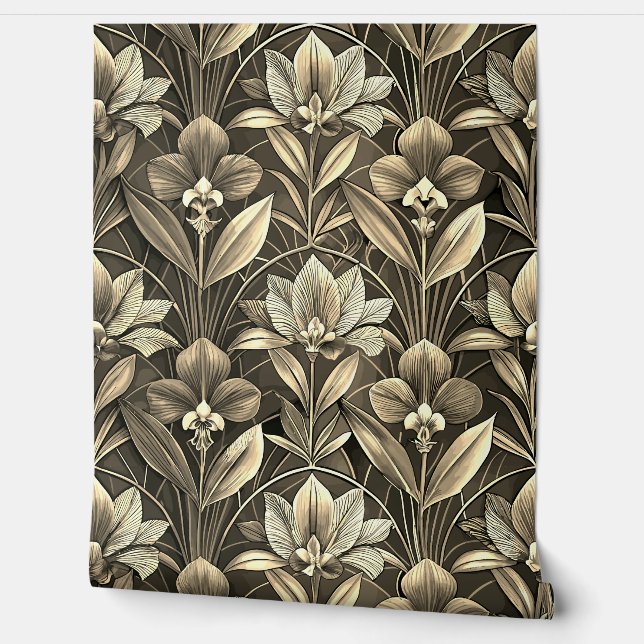Fleur de lis Geometric Art Deco Gold Pattern Wallpaper (Unrolling)