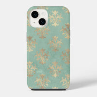 Fleur de lis gold and teal green vintage patina