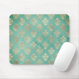 Fleur de lis gold and teal green vintage patina mouse pad