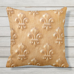 fleur de lis, gold painted wood wall, vintage wood cushion