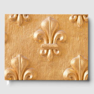 fleur de lis, gold painted wood wall, vintage wood guest book
