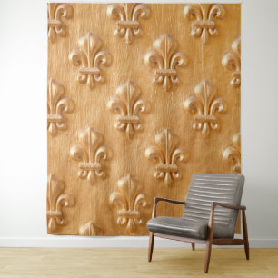 fleur de lis, gold painted wood wall, vintage wood tapestry