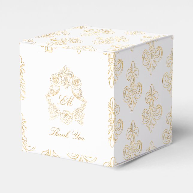 Fleur de Lis Gold pattern - Rococo Crest Wedding Favour Box (Front Side)