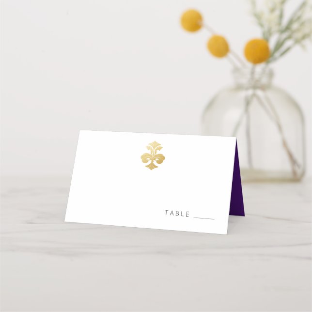  Fleur de Lis Gold Purple Damask Place Card (Front)