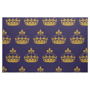 Fleur De Lis Golden Crown Royalty Lily Flower Navy Fabric