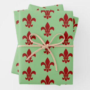 Fleur De Lis Green and Red Wrapping Paper Sheet