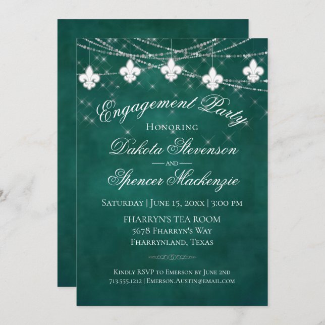 Fleur de Lis Green Lights | Bold Engagement Party Invitation (Front/Back)