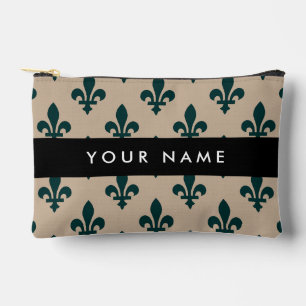 Fleur de Lis, Green on Beige, Royal, Your Name Accessory Pouch