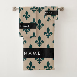 Fleur de Lis, Green on Beige, Royal, Your Name Bath Towel Set