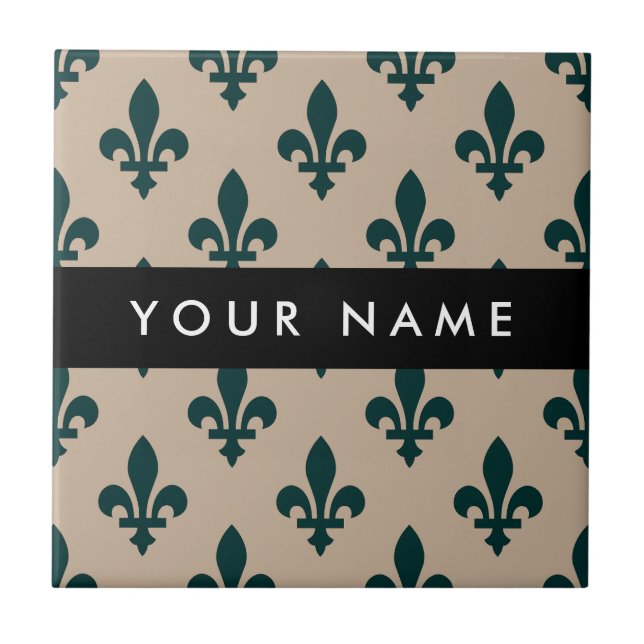 Fleur de Lis, Green on Beige, Royal, Your Name Ceramic Tile (Front)