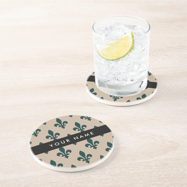 Fleur de Lis, Green on Beige, Royal, Your Name Coaster (Side)