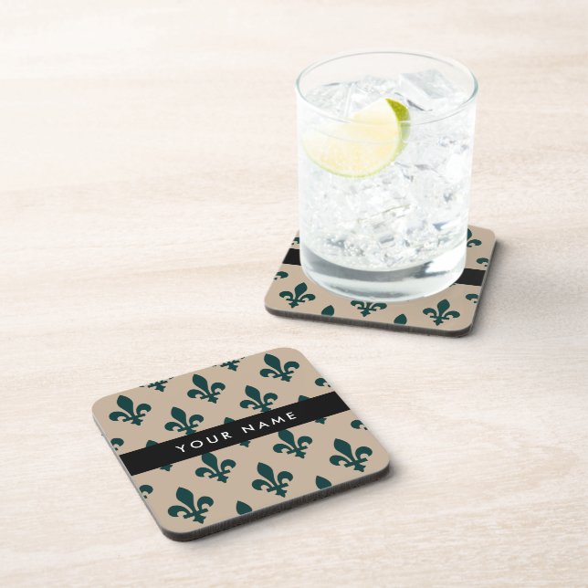 Fleur de Lis, Green on Beige, Royal, Your Name Coaster (Right Side)