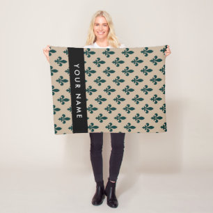 Fleur de Lis, Green on Beige, Royal, Your Name Fleece Blanket