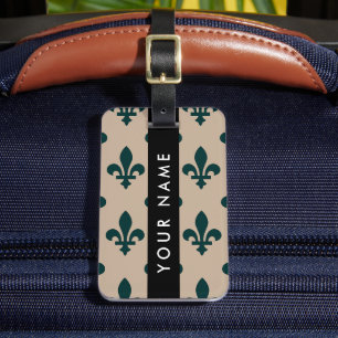 Fleur de Lis, Green on Beige, Royal, Your Name Luggage Tag
