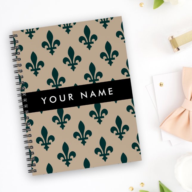 Fleur de Lis, Green on Beige, Royal, Your Name Notebook (Creator Uploaded)