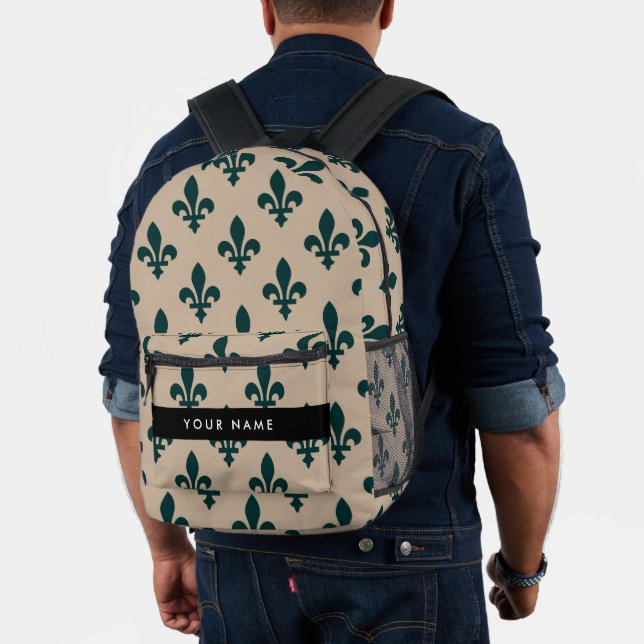 Fleur de Lis, Green on Beige, Royal, Your Name Printed Backpack (Insitu (Model))
