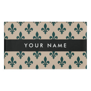 Fleur de Lis, Green on Beige, Royal, Your Name Tag