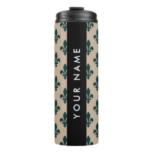 Fleur de Lis, Green on Beige, Royal, Your Name Thermal Tumbler