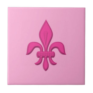 Fleur de Lis in Fuchsia Pink on Light Pink Ceramic Tile