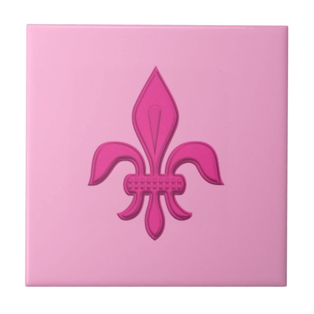 Fleur de Lis in Fuchsia Pink on Light Pink Ceramic Tile (Front)