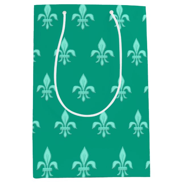 Fleur de Lis in Light Aqua on Turquoise Medium Gift Bag (Front)