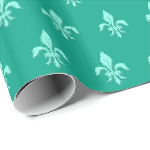Fleur de Lis in Light Aqua on Turquoise Wrapping Paper