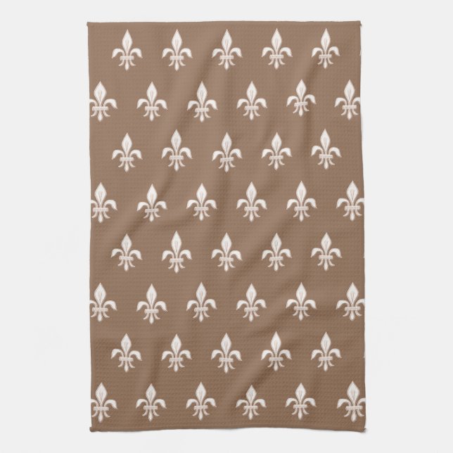 Fleur de Lis in Light Beige on Taupe Tan  Tea Towel (Vertical)