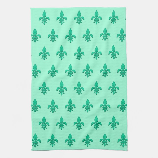 Fleur de Lis in Turquoise and  Light Aqua   Tea Towel (Vertical)