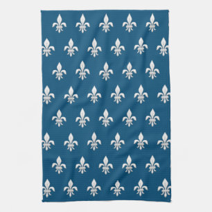 Fleur de Lis in White on Deep Cobalt Blue     Tea Towel