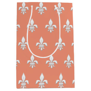 Fleur de Lis in White on Light Coral Pink / Peach Medium Gift Bag