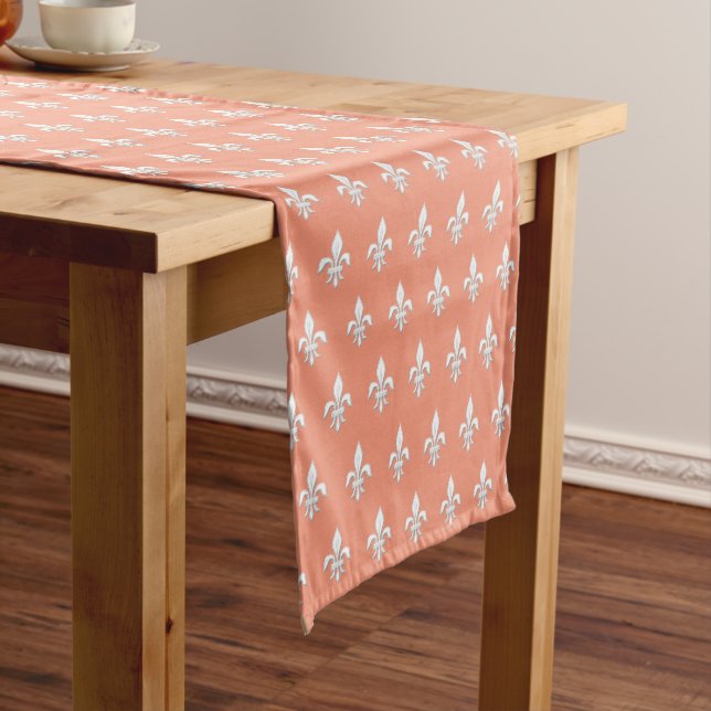 Fleur de Lis in White on Light Coral Pink / Peach  Short Table Runner (In Situ)