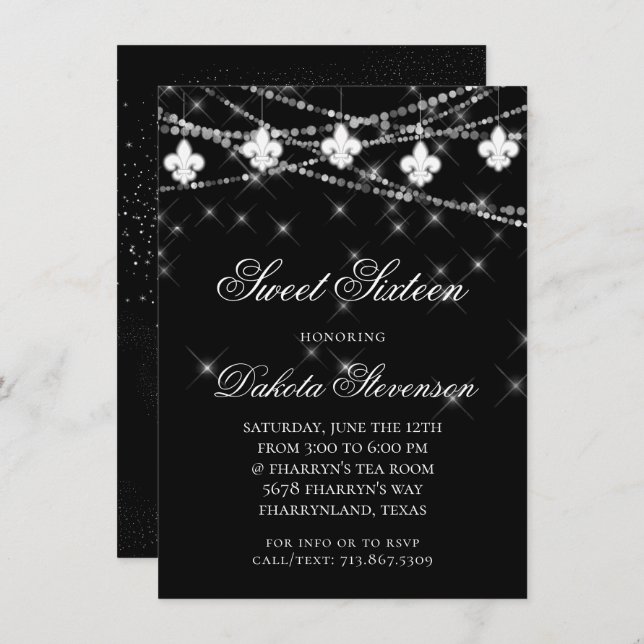 Fleur de Lis Lights | Black Mardi Gras Sweet 16 Invitation (Front/Back)