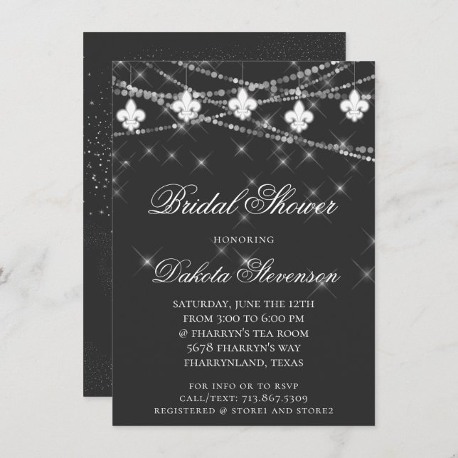 Fleur de Lis Lights | Charcoal Grey Bridal Shower Invitation (Front/Back)