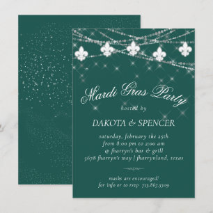Fleur de Lis Lights   Green Mardi Gras Party Invitation