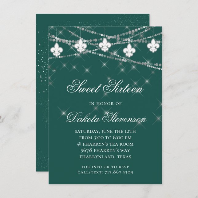 Fleur de Lis Lights | Green Theme Sweet Sixteen Invitation (Front/Back)