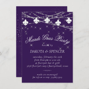 Fleur de Lis Lights   Purple Moody Mardi Gras Invitation