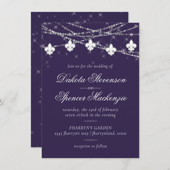 Fleur de Lis Lights | Purple Moody Theme Wedding Invitation (Front/Back)