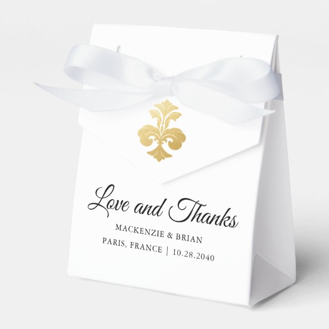 Fleur de Lis Love Thanks Gold Wedding Favour Box (Front Side)
