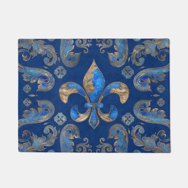 Fleur-de-lis luxury ornament - blue marble doormat (Front)