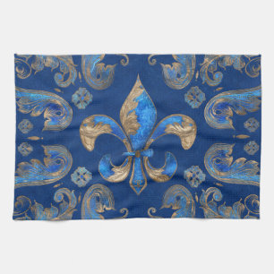 Fleur-de-lis luxury ornament - blue marble tea towel