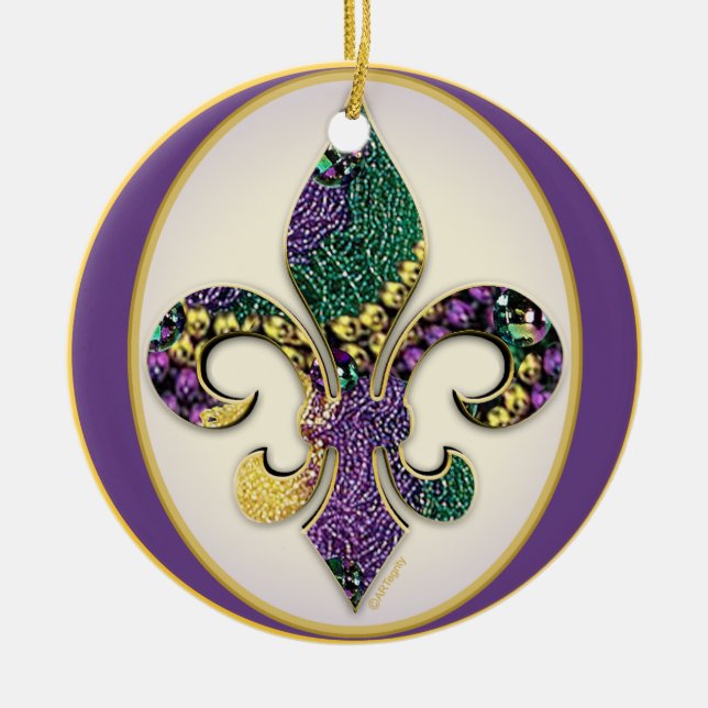Fleur de lis Mardi Gras beads Ceramic Ornament (Front)