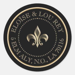 Fleur de Lis Metallic Gold Black Return Address Classic Round Sticker